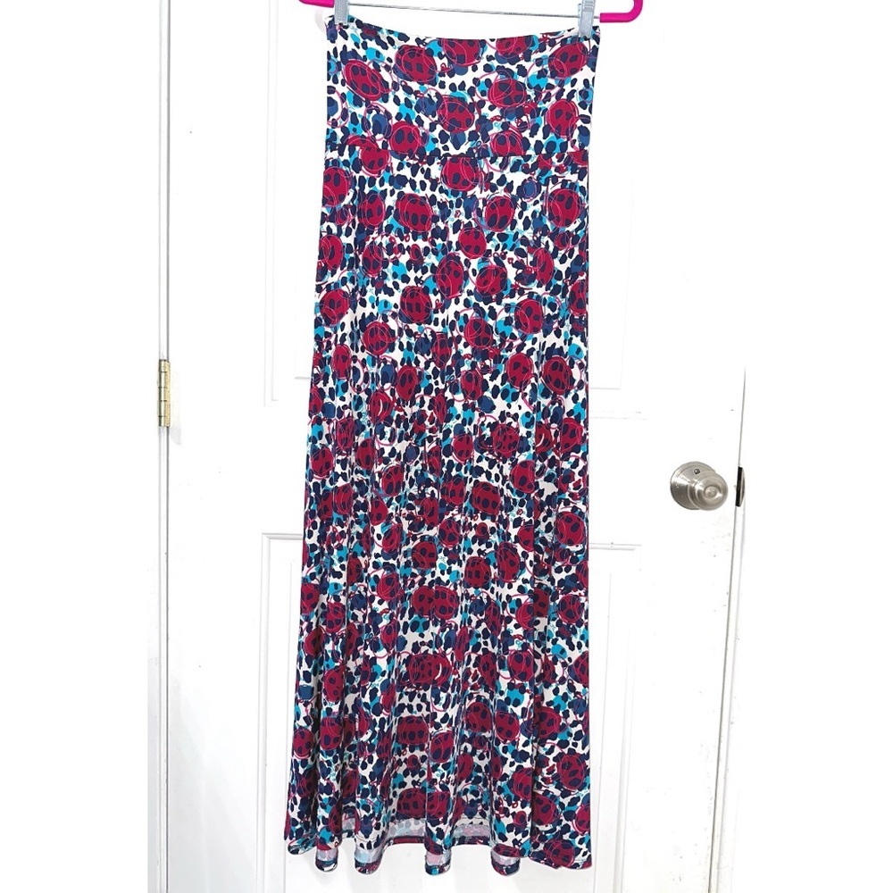 LuLaRoe Maxi skirt in a vibrant red and blue geometric pattern